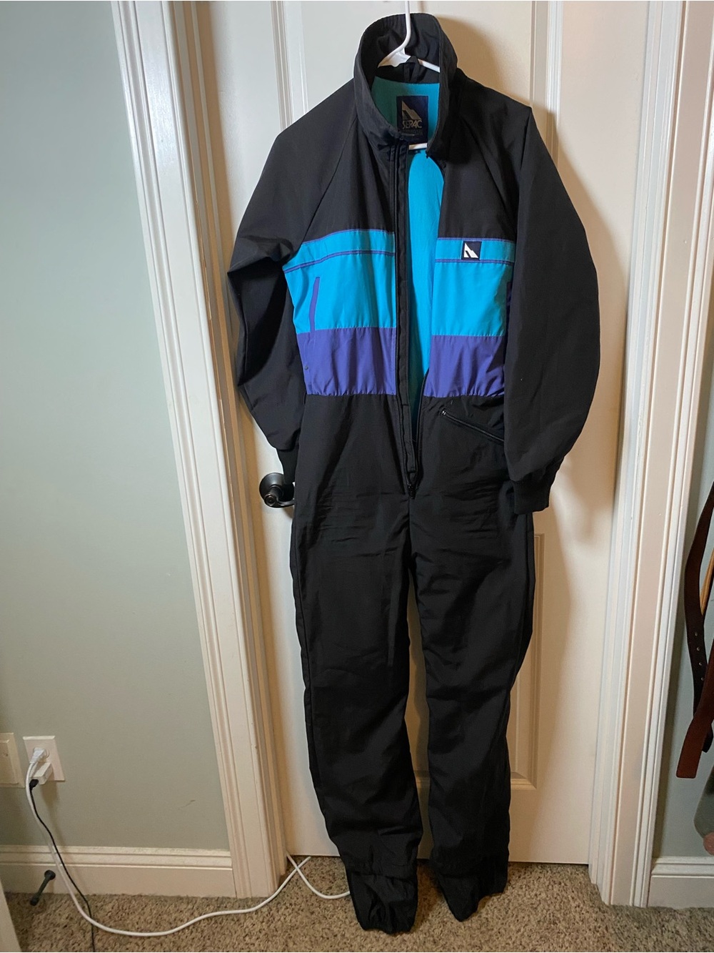 Vintage Serac Black One-Piece Snowsuit with Teal and Purple Panels